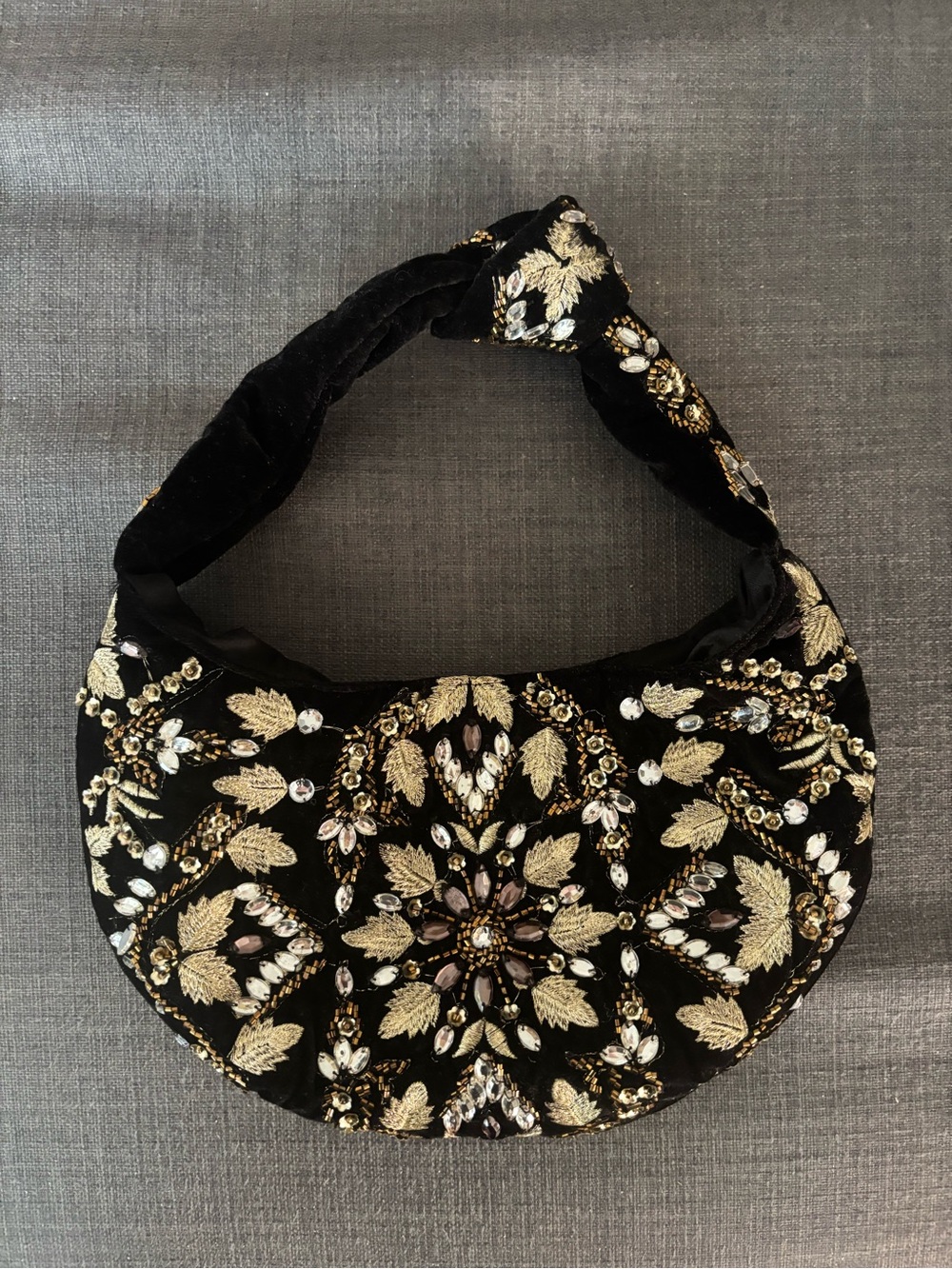 Embellished Black Velvet Shoulder Bag with Gold & Crystal Accents